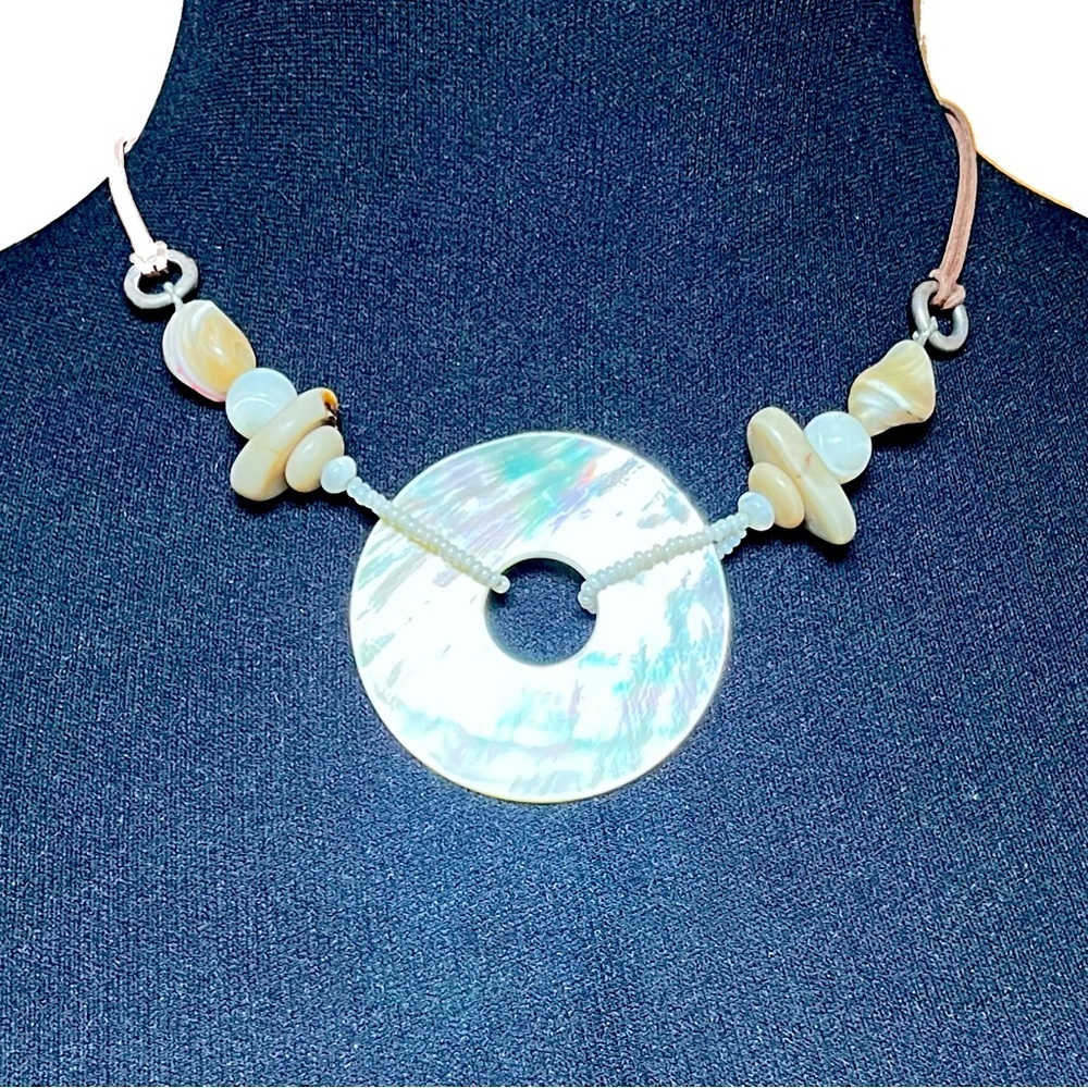 Mother Of Pearl Shell Circle Pendant Statement Necklace